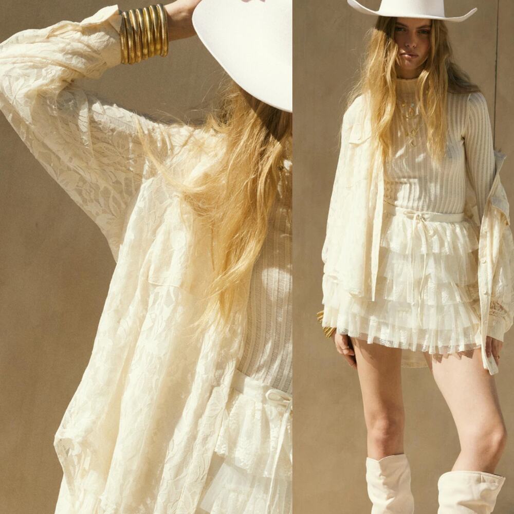 Vintage CW Classics Floral Lace Button-Up Shirt size XL Sheer Antique Beige - Picture 10 of 16